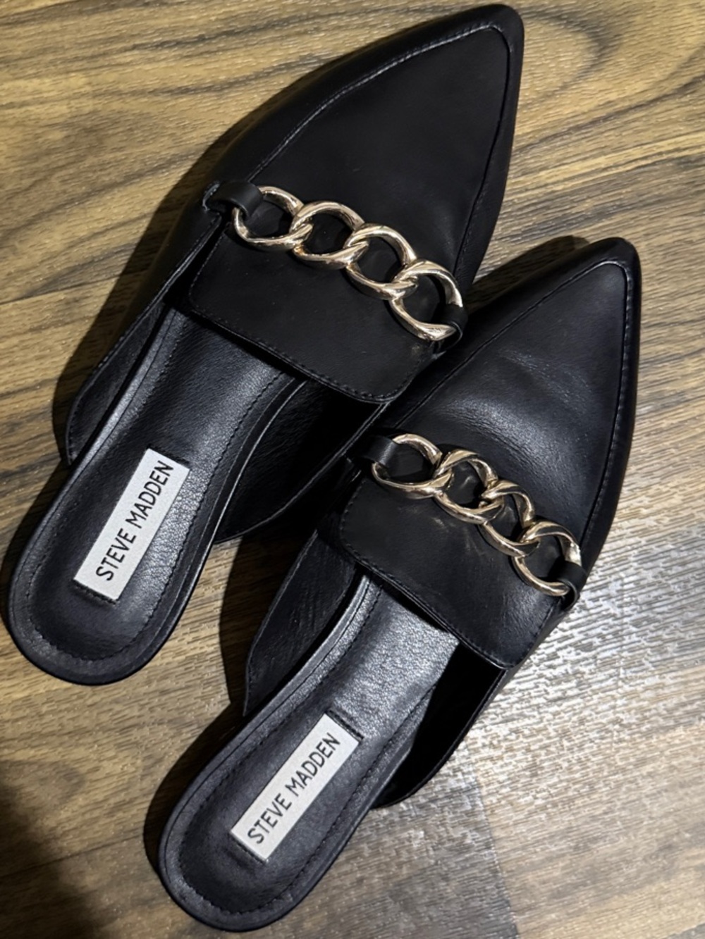 Steve Madden Black Slip-On Pointed Mules with Gold Chain